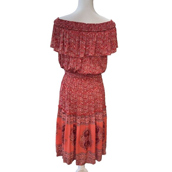Nostalgia Red Orange Paisley Off Shoulder Dress Boho Ruffle Belted Midi L NWT - Picture 6 of 13